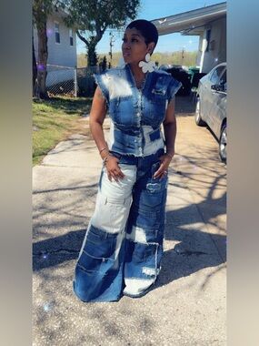 Patchwork Wide-Leg Women’s Jeans - Two-Tone Blue and Top